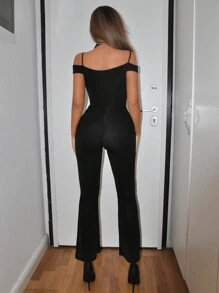 SHEIN ICON Deep V-neck Halter Skinny Jumpsuit - Black - View 2