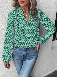 EMERY ROSE 全身印花缺口领口灯笼袖衬衫、长袖上衣 - 綠色 - 查看 6