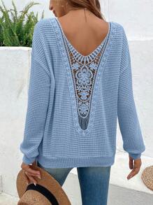 SHEIN VCAY Chèn ren Guipure Thả vai Áo nỉ - Màu xanh bụi bặm - Xem 1