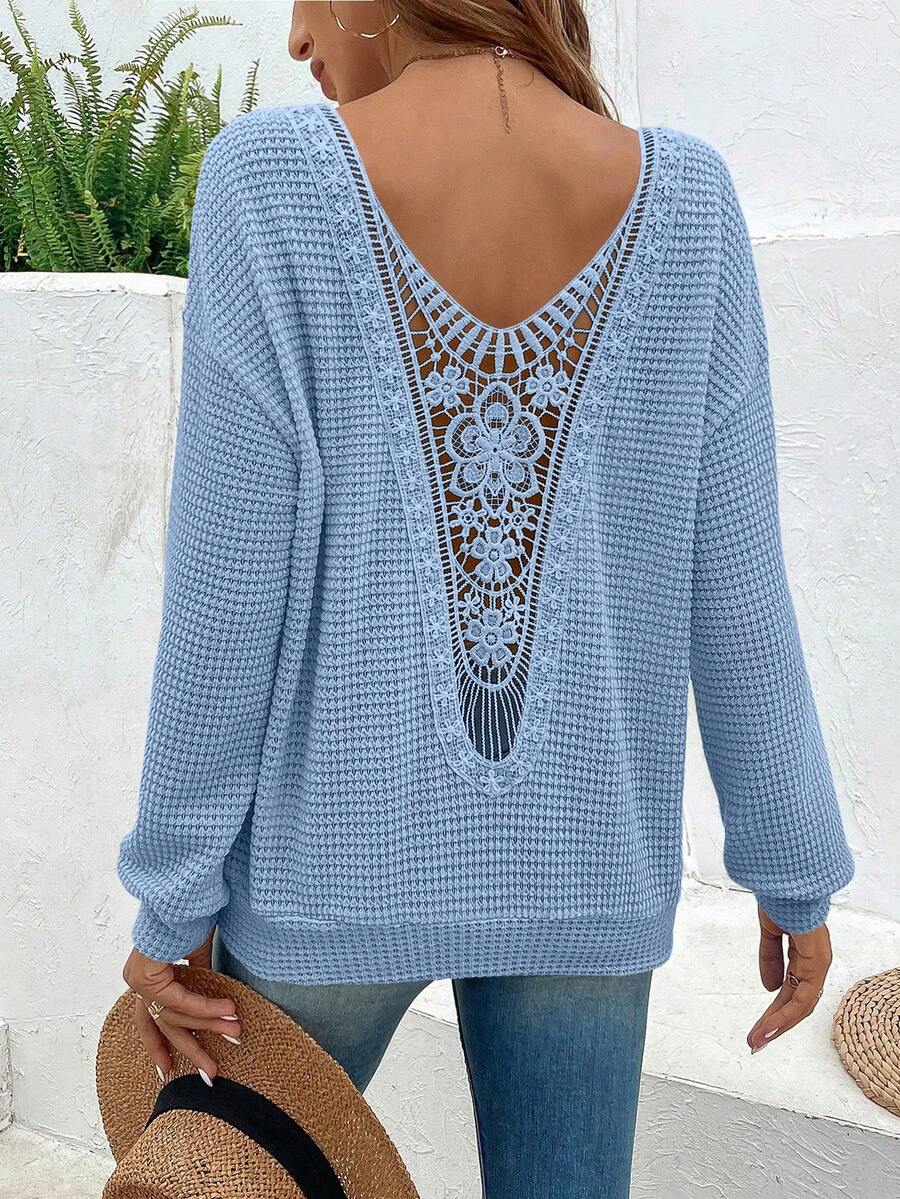 SHEIN VCAY Chèn ren Guipure Thả vai Áo nỉ - Màu xanh bụi bặm - Xem 1