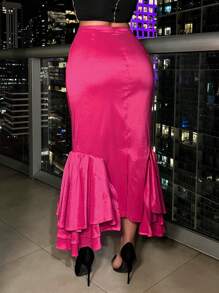 SHEIN SXY 優雅反光布midi裙,褶邊設計適合派對穿著 - 玫紅色 - 查看 2