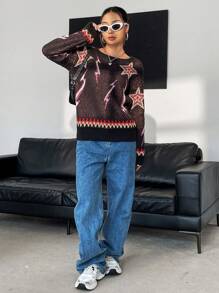 Chiquease 星光闪电图案落肩针织套头衫秋冬毛衣 - 黑色 - 查看 3