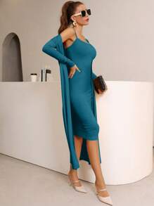 Mulvari Solid Cami Bodycon Dress & Open Front Coat - Teal Blue - View 7