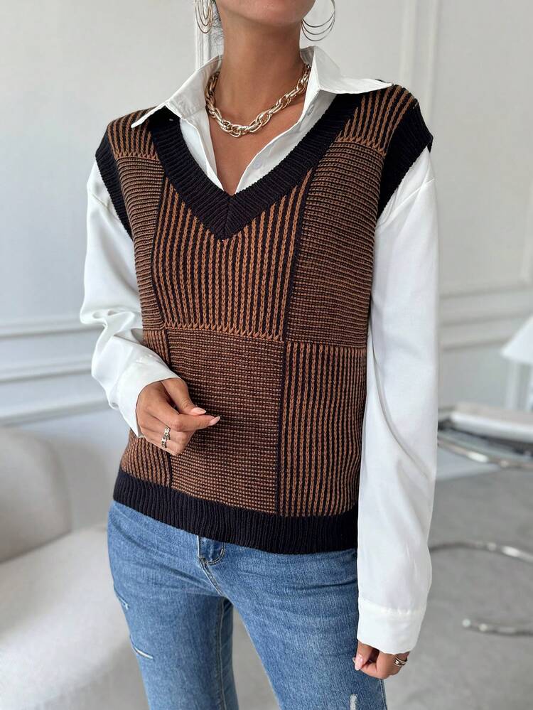 Striped Pattern Sweater Vest Without Blouse