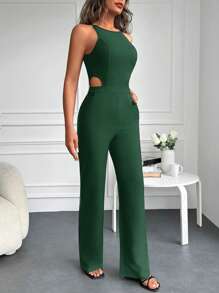EURMUSE Solid Color Halter Neck Hollow Out Detail Jumpsuit - Green - View 5