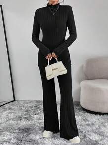 SHEIN Essnce de cuello alto Camiseta & Pantalones acampanados - Negro - Ver 4