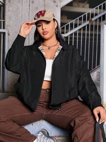 SHEIN EZwear Plus Slant Pocket Drop Shoulder Jacket - Black - View 1