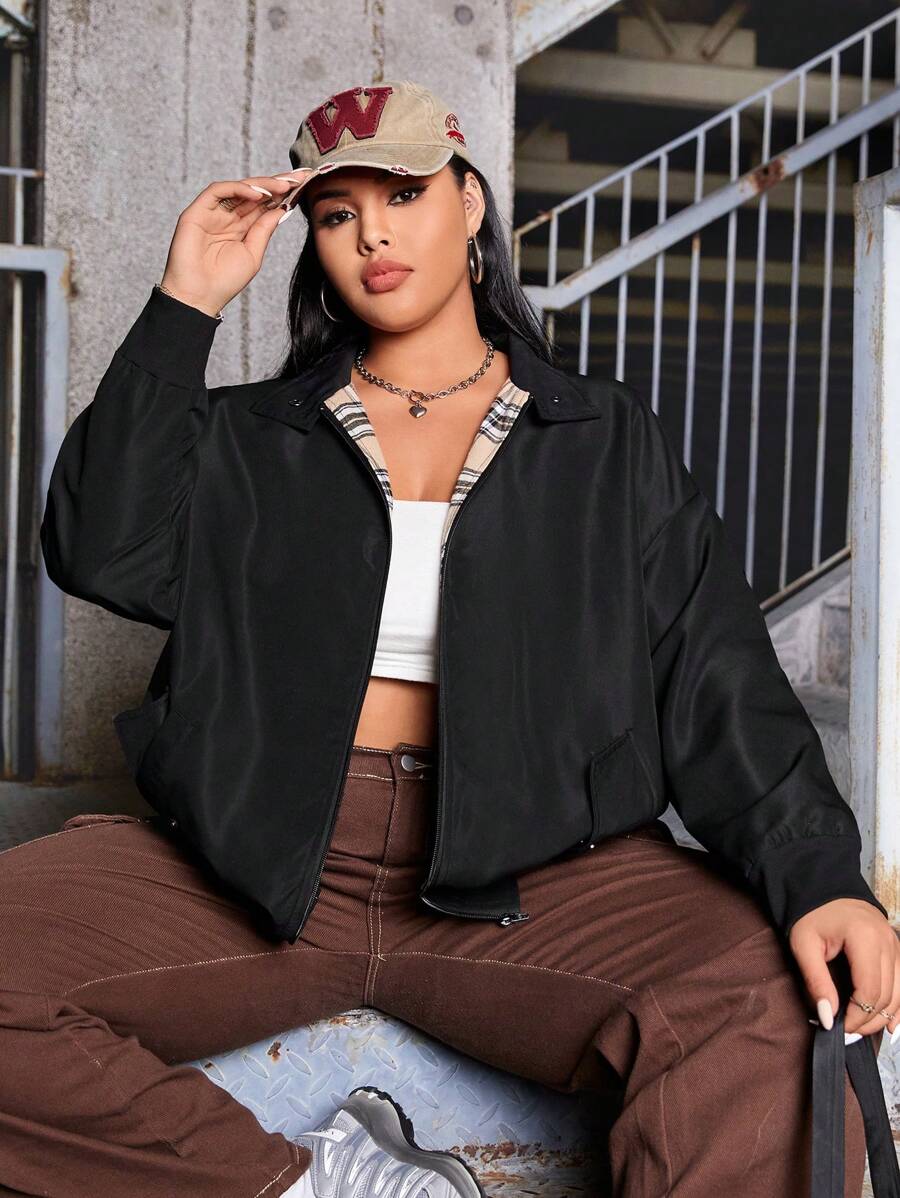 SHEIN EZwear Plus Slant Pocket Drop Shoulder Jacket - Black - View 1