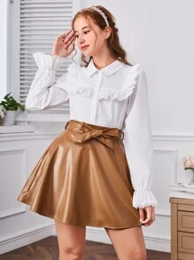 少女荷葉邊飄蕩袖上衣 - 白色 - 查看 3