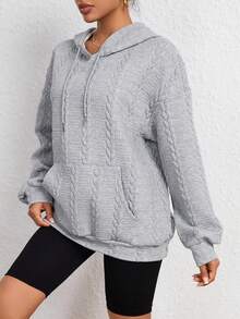 SHEIN EZwear Túi kangaroo Thả vai Dây rút Hoodie - Xám - Xem 3