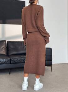 SHEIN Essnce Solid Button Front Cardigan & Knit Skirt - Coffee Brown - View 3