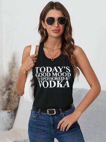 SHEIN LUNE 标语图案背心 今天的“好心情”由伏特加赞助 - 黑色 - 查看 4