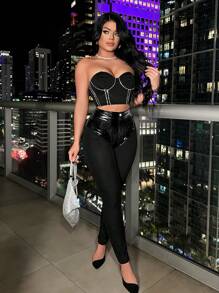 SHEIN SXY Leggings De Parche De Pu - Negro - Ver 1