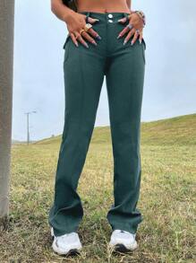 EURMUSE Solid Flap Pocket Side Pants - Dark Green - View 6