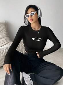 SHEIN Unity Women's Star Print Cropped T-Shirt Graphic Tees Women Tops - Black - View 6