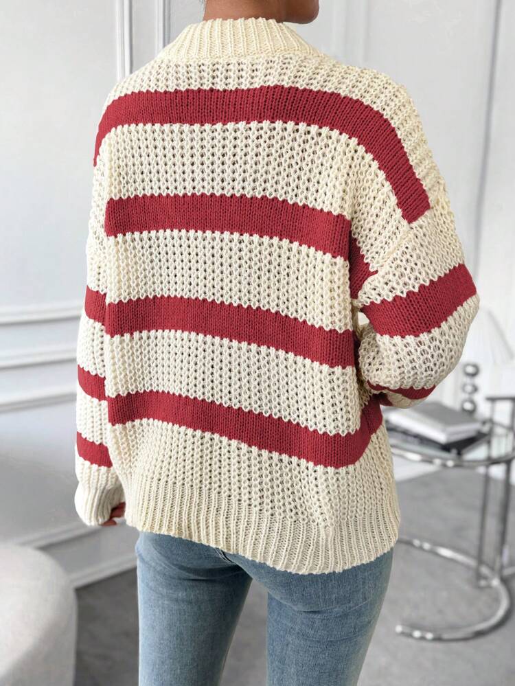 Striped Pattern Drop Shoulder Knit Pullover Fall Winter Sweater