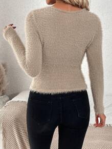 SHEIN LUNE Solid Color Plush Knit Pullover Fall Winter Sweater - Khaki - View 2