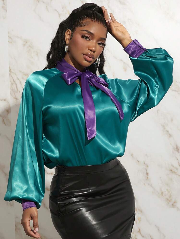 Tie Neck Lantern Sleeve Satin Blouse