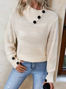 SHEIN LUNE Women's Asymmetrical Neckline Long Sweater - Beige - View 3