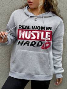 SHEIN EZwear Women's Plus Size Letter Print Drawstring Hooded Sweatshirt - Light Grey - View 5