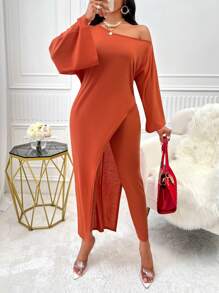 SOLERSUN Asymmetrical Neck Batwing Sleeve Tee & Leggings - Rust Brown - View 1