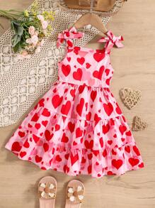 SHEIN Elladie kids Young Girl Summer Fashion Heart Allover Print Sleeveless Bow Ruffle Hem Casual Dress, Simple And Comfortable Summer Holiday - Red - View 1