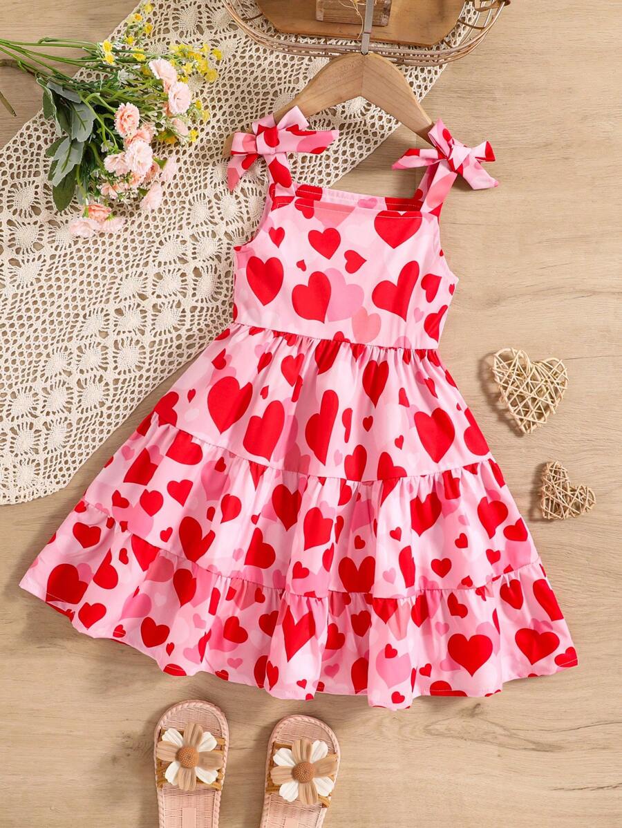 SHEIN Elladie kids Young Girl Summer Fashion Heart Allover Print Sleeveless Bow Ruffle Hem Casual Dress, Simple And Comfortable Summer Holiday - Red - View 1