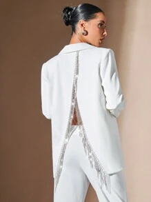 SHEIN BAE Áo khoác vest nữ màu trắng đính kim cương dự tiệc cho đêm giao thừa - trắng - Xem 6