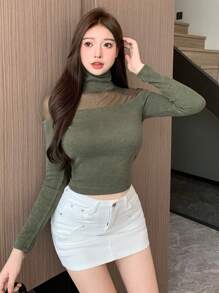 Dazy Designer Solid High Neck Mesh Insert Crop Tee Going Out Tops,Fall Clothes Long Sleeve Women Tops - Green - View 3