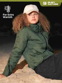 In My Nature Solid Zipper Up Drawstring Detail Padded Coat - Army Green - View 1