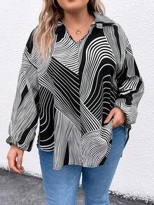 SHEIN LUNE 女士大尺碼條紋印花襯衫 - 黑與白 - 查看 3