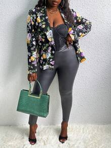 Slaydiva Plus Floral Print Open Front Blazer - Black - View 6
