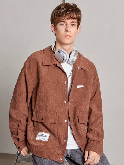 Teen Boy Letter Patched Flap Pocket Corduroy Jacket
