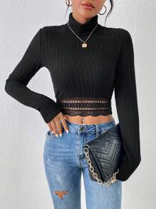 SHEIN Frenchy 女士簡約高領蕾絲邊t恤 - 黑色 - 查看 3