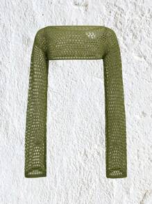 SHEIN EZwear 素色鏤空短款毛衣 - 綠色 - 查看 2