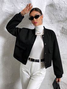 Túi có nắp Thả vai Áo khoác bomber - màu đen - Xem 6
