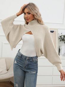 SHEIN Essnce 純色高領裹身蝙蝠翼袖毛衣 - 米色 - 查看 5