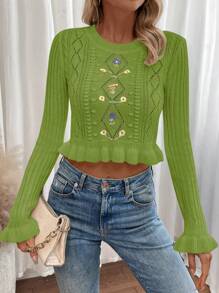 SHEIN LUNE 花卉刺繡喇叭袖荷葉邊短款毛衣 - 綠色 - 查看 1