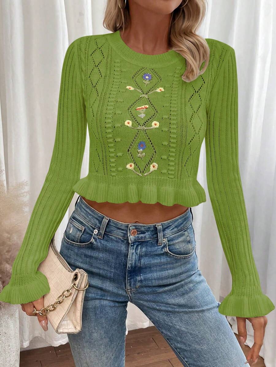 SHEIN LUNE 花卉刺繡喇叭袖荷葉邊短款毛衣 - 綠色 - 查看 1