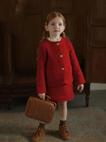 Cô Gái Trẻ Vá Túi Tweed Áo khoác & Váy - Màu Đỏ Sâu - Xem 4