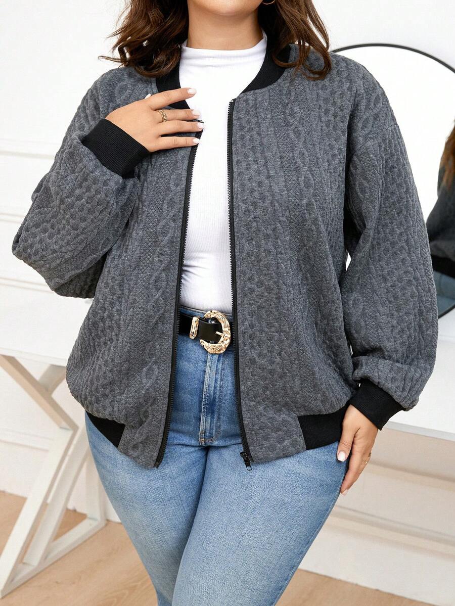 SHEIN LUNE 大碼拼接邊落肩袖飛行員夾克 - 灰色 - 查看 1