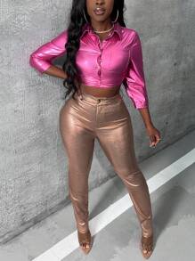 Slaydiva Button Front Crop Shirt & Metallic Pants