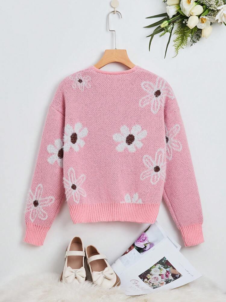 Tween Girl Floral Pattern Drop Shoulder Cardigan