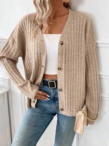 SHEIN Frenchy 女式純色落肩前紐扣開襟衫 - 卡其色 - 查看 6