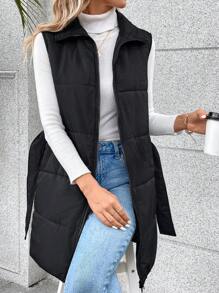 SHEIN Frenchy 拉链系腰带背心夹棉外套 - 黑色 - 查看 3