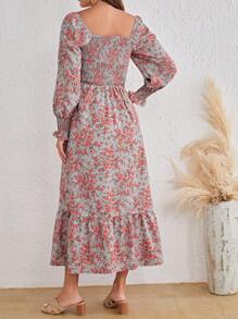 SHEIN VCAY Floral Print Square Neck Ruffle Hem Dress - Grey - View 2