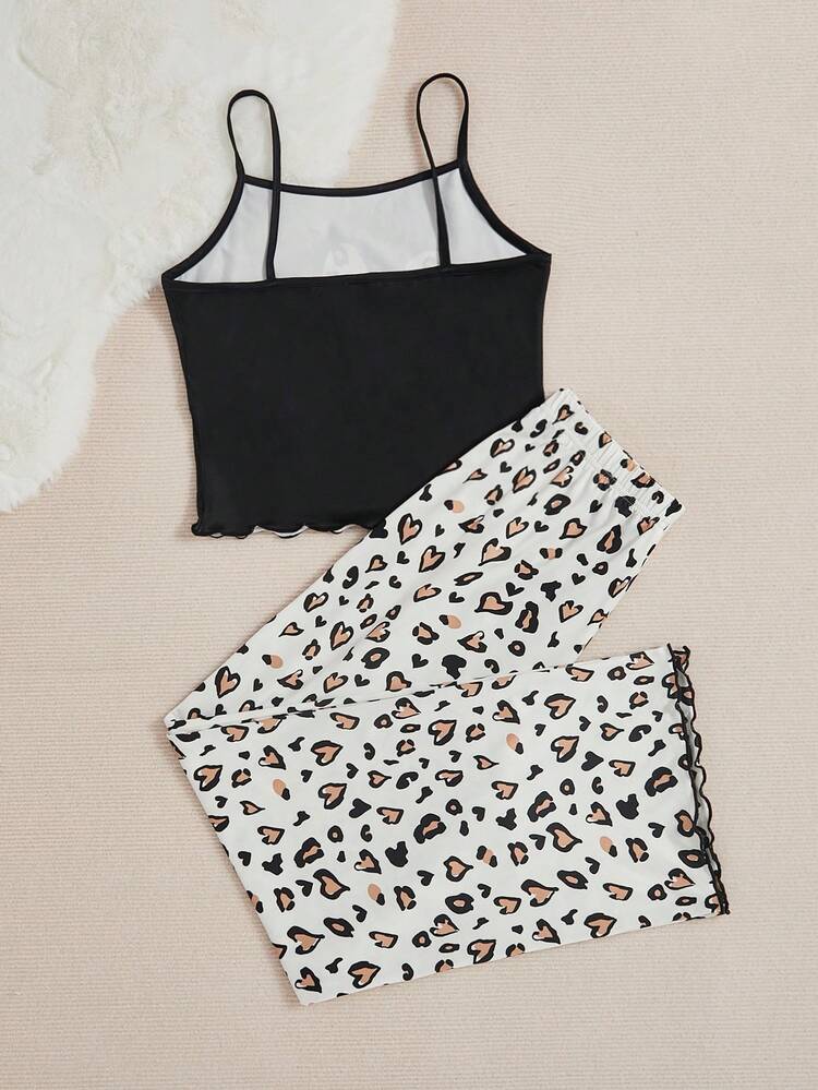 Teen Girls' Leopard Print Heart Patterned Camisole & Long Pants Homewear