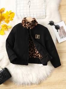 SHEIN Young Girl Contrast Leopard Print Letter Patched Zip Up Jacket - Black - View 1