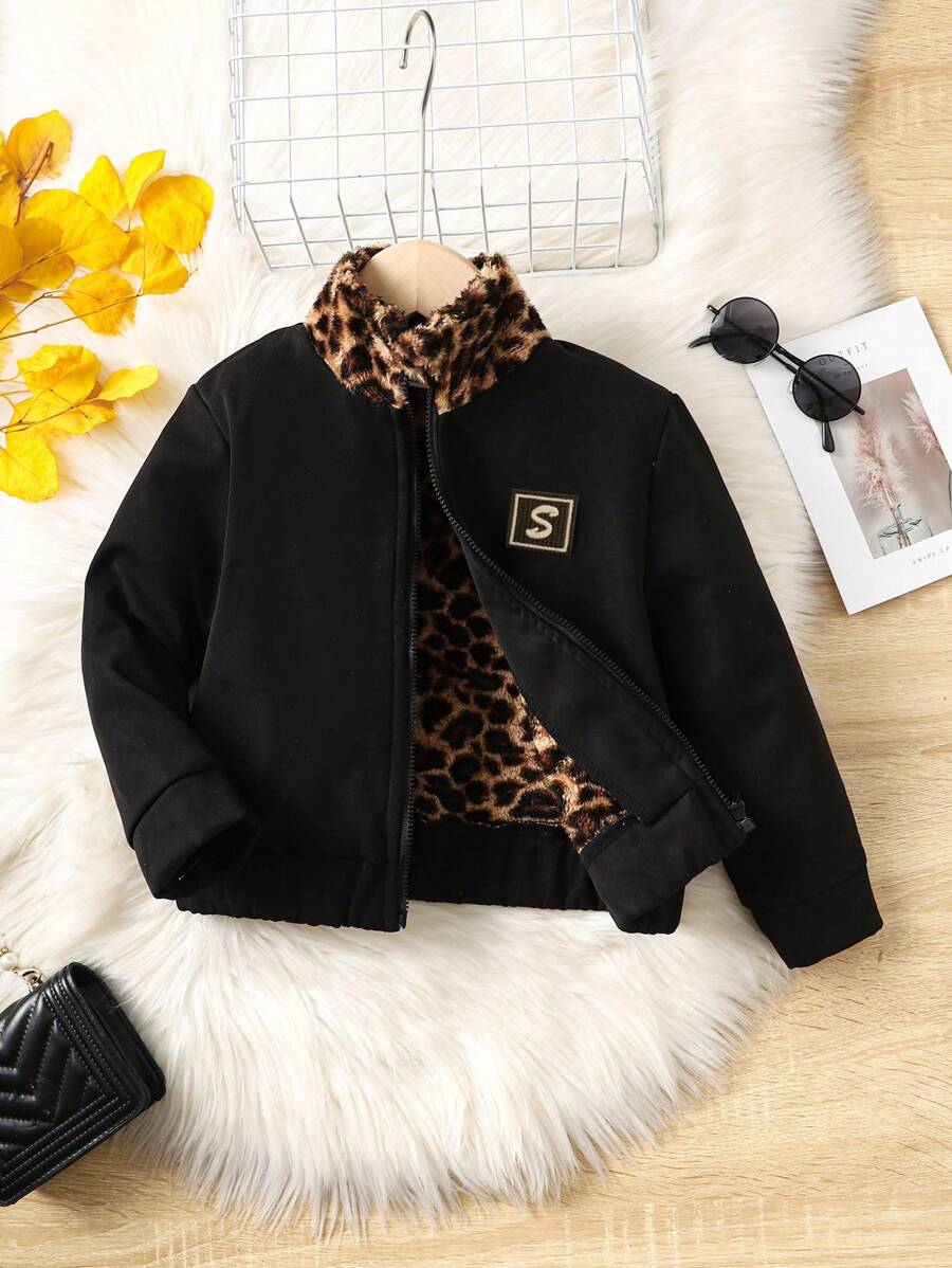 SHEIN Young Girl Contrast Leopard Print Letter Patched Zip Up Jacket - Black - View 1