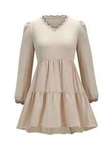 Calvaya Hơn Trang trí ren Xù Hoa Sen Áo Blouse Smock - Màu Khaki - Xem 1
